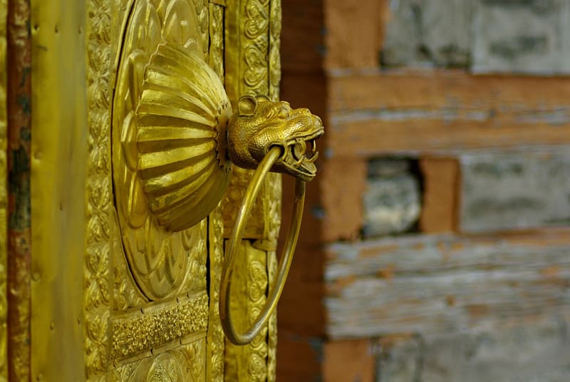 Heurtoir doré sculpté en tête d’animal sur une porte ornée, reflet d’un artisanat riche et symbolique